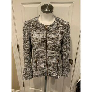 Sail to Sable Blue & White Tweed Zip-Up Bell Sleeve Jacket, Size Small
